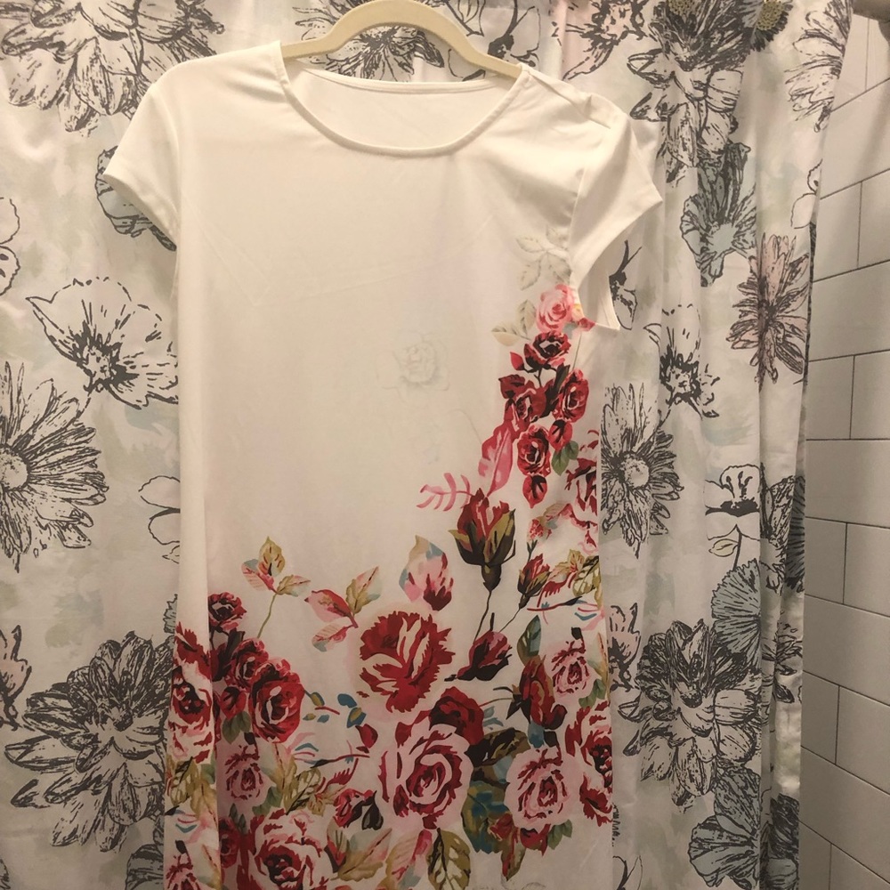 White floral shift dress.
